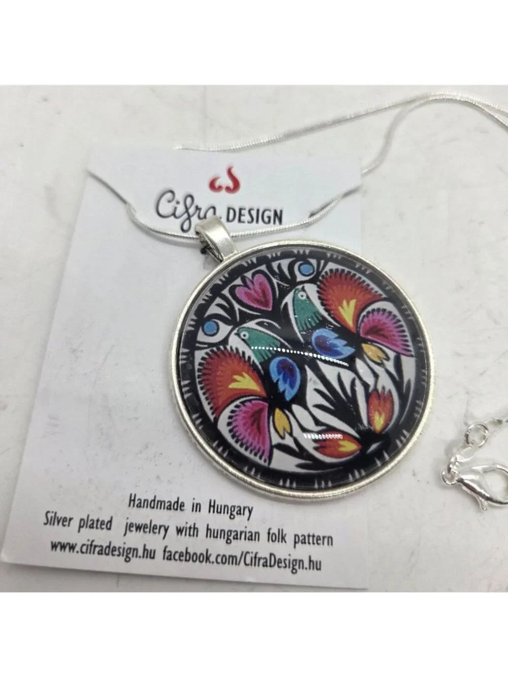 Folk Art Silver-Plated Pendant Necklace made In Hungary Floral Bird Design 18